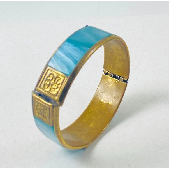 Vintage Turquoise & Brass Hinged Bangle Womens Bracelet - Picture 3 of 5